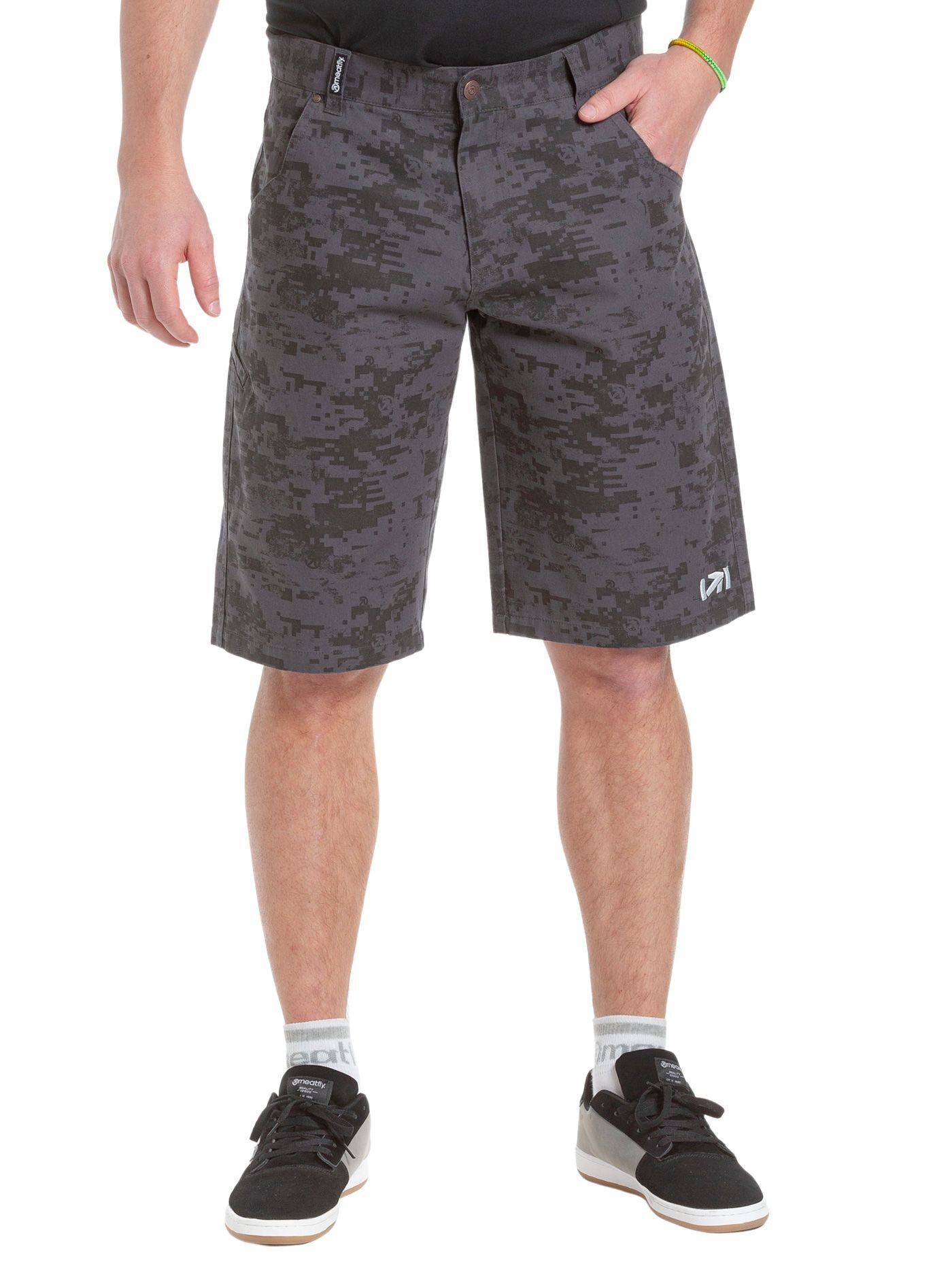 Meatfly pánské kraťasy Icon Grey Binary Camo | Maskáč | Velikost 32 | 100% bavlna