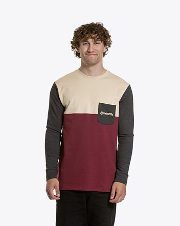 Pánské tričko s dlouhým rukávem Meatfly Harvey, Sand  /  Dark Wine